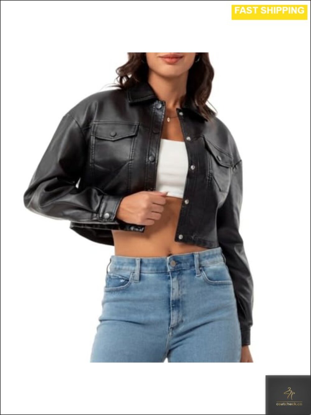 Faux Leather Cropped Moto Biker Jacket Point Collar Button Cuffs Party Coat